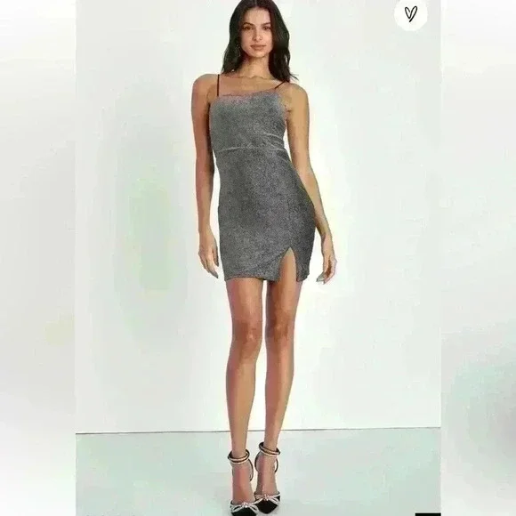 Lulus Take Me Anywhere Silver Sparkly Asymmetrical Bodycon Mini Dress Small - Picture 2 of 10
